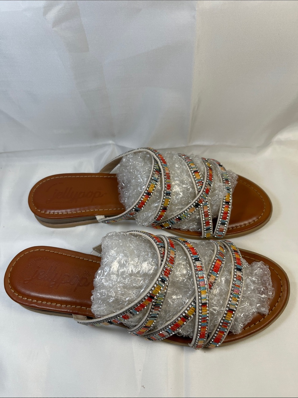 Jellypop Silver Slide Sandals with Multicolor Beaded Straps